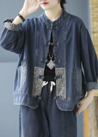 Elegant Blå Fickor Knapp Patchwork Höst Denim Långärmad Kappa