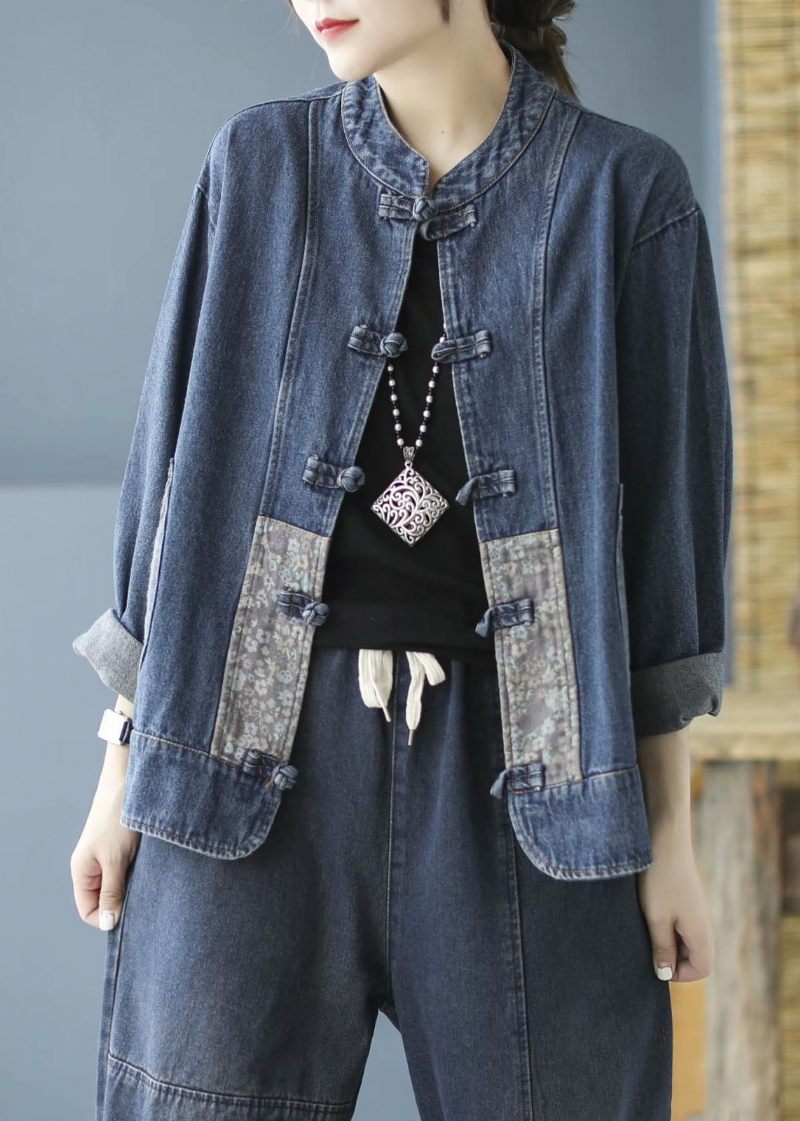 Elegant Blå Fickor Knapp Patchwork Höst Denim Långärmad Kappa - Blå