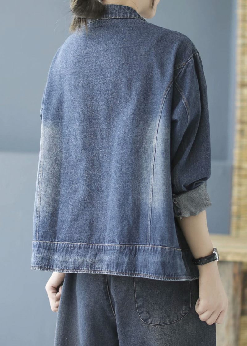 Elegant Blå Fickor Knapp Patchwork Höst Denim Långärmad Kappa - Blå