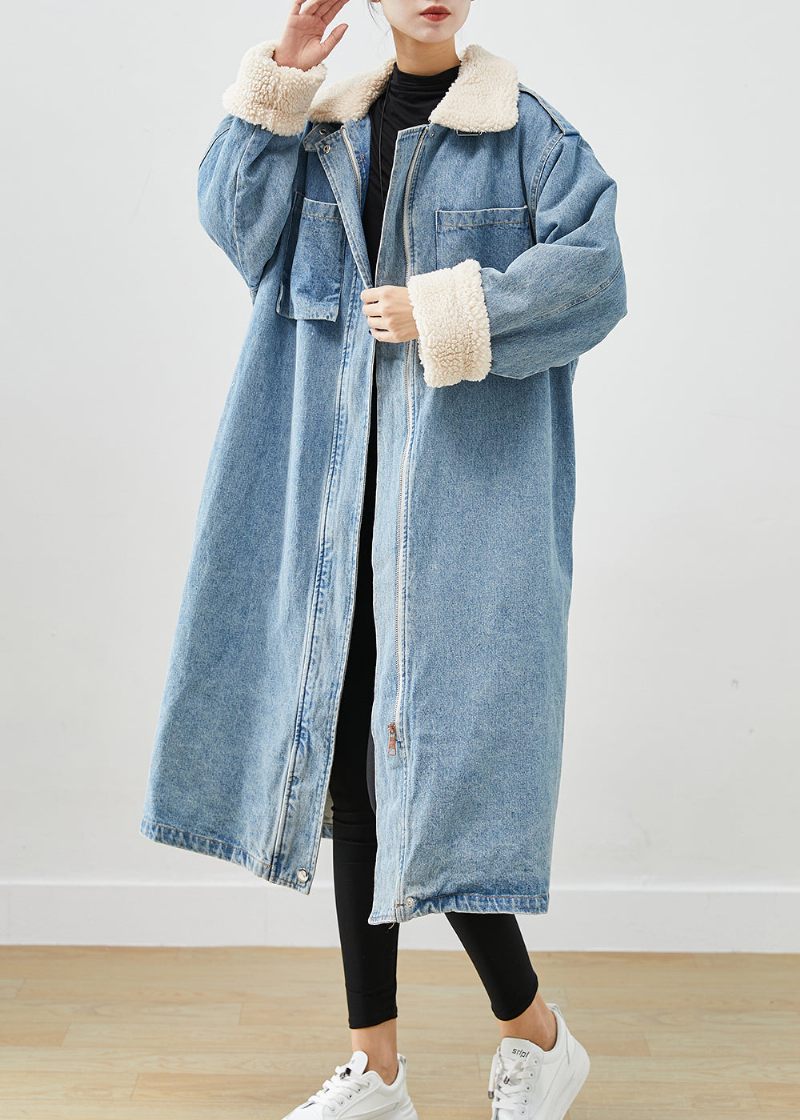 Elegant Blå Överdimensionerade Fickor Fleece Ull Fodrad Denim Trench Fall