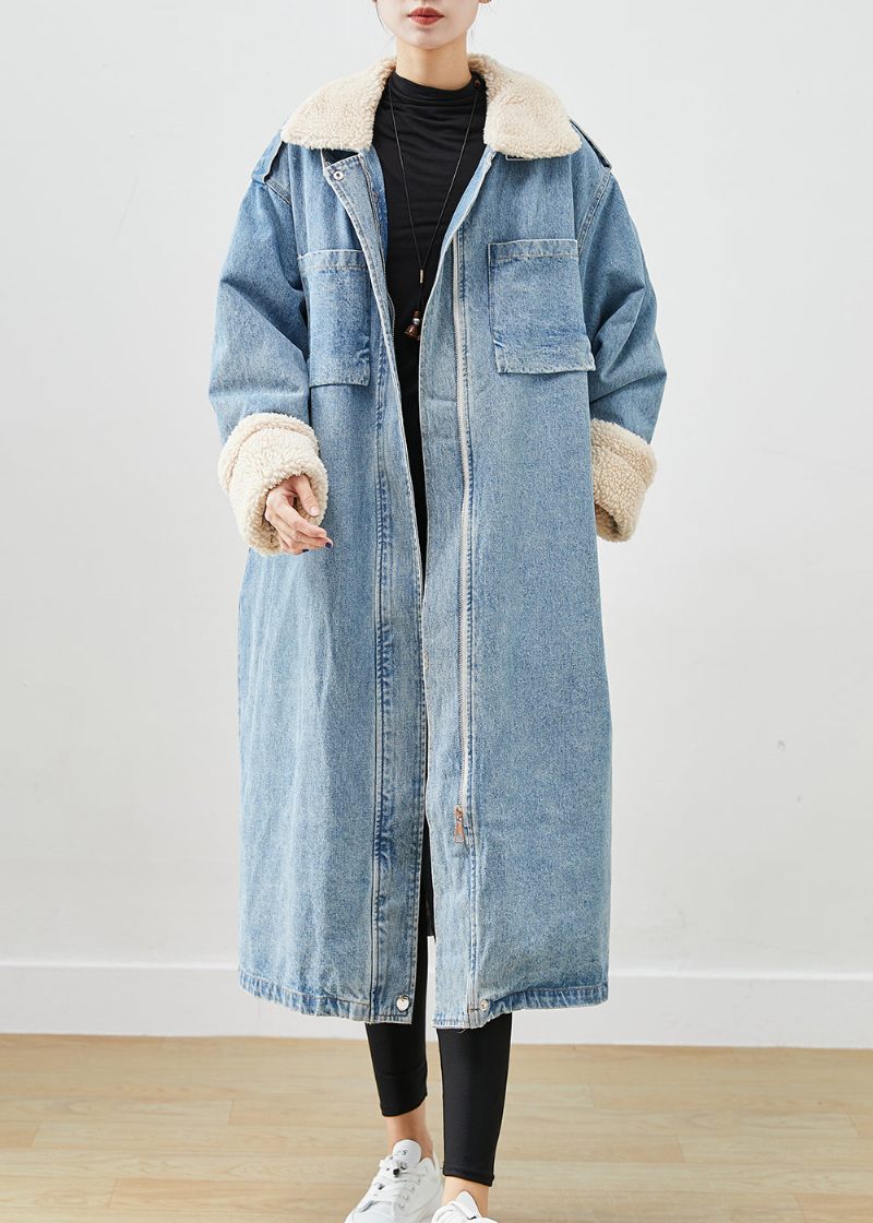 Elegant Blå Överdimensionerade Fickor Fleece Ull Fodrad Denim Trench Fall - Ullrockar för kvinnor