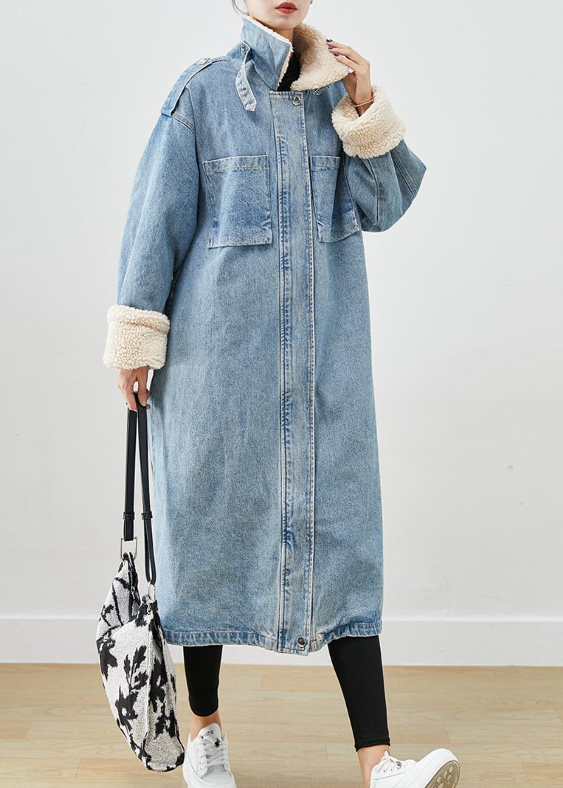 Elegant Blå Överdimensionerade Fickor Fleece Ull Fodrad Denim Trench Fall - Ullrockar för kvinnor