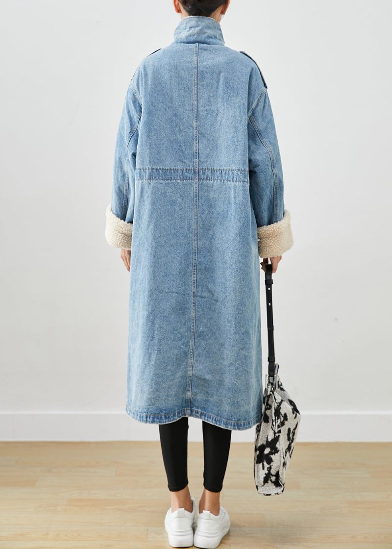 Elegant Blå Överdimensionerade Fickor Fleece Ull Fodrad Denim Trench Fall - Ullrockar för kvinnor