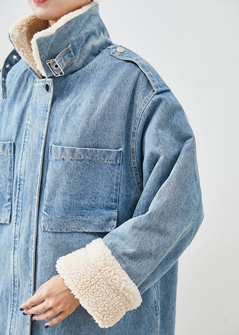 Elegant Blå Överdimensionerade Fickor Fleece Ull Fodrad Denim Trench Fall - Ullrockar för kvinnor