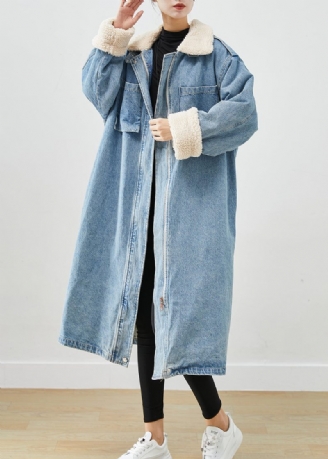 Elegant Blå Överdimensionerade Fickor Fleece Ull Fodrad Denim Trench Fall