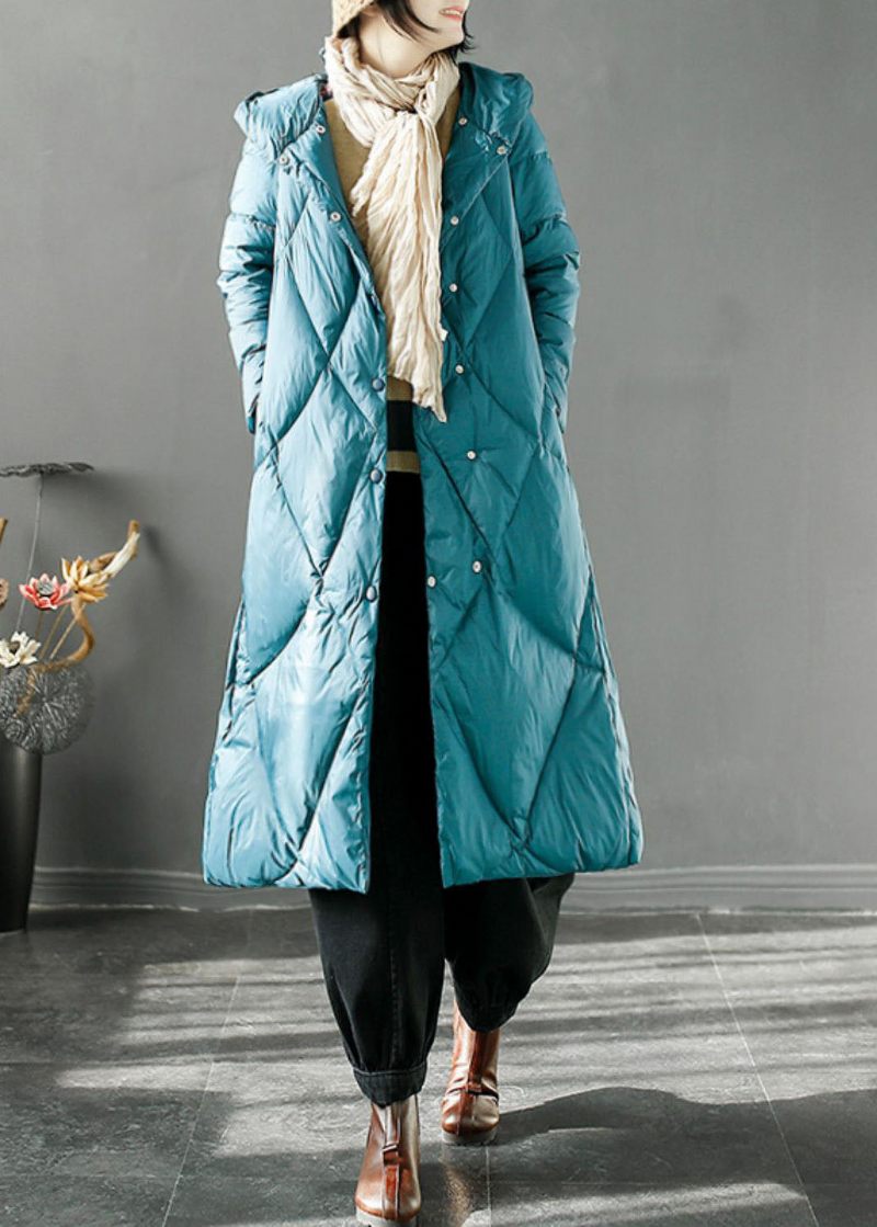 Elegant Blå Plädfickor Button Duck Down Lång Hooded Coat Långärmad