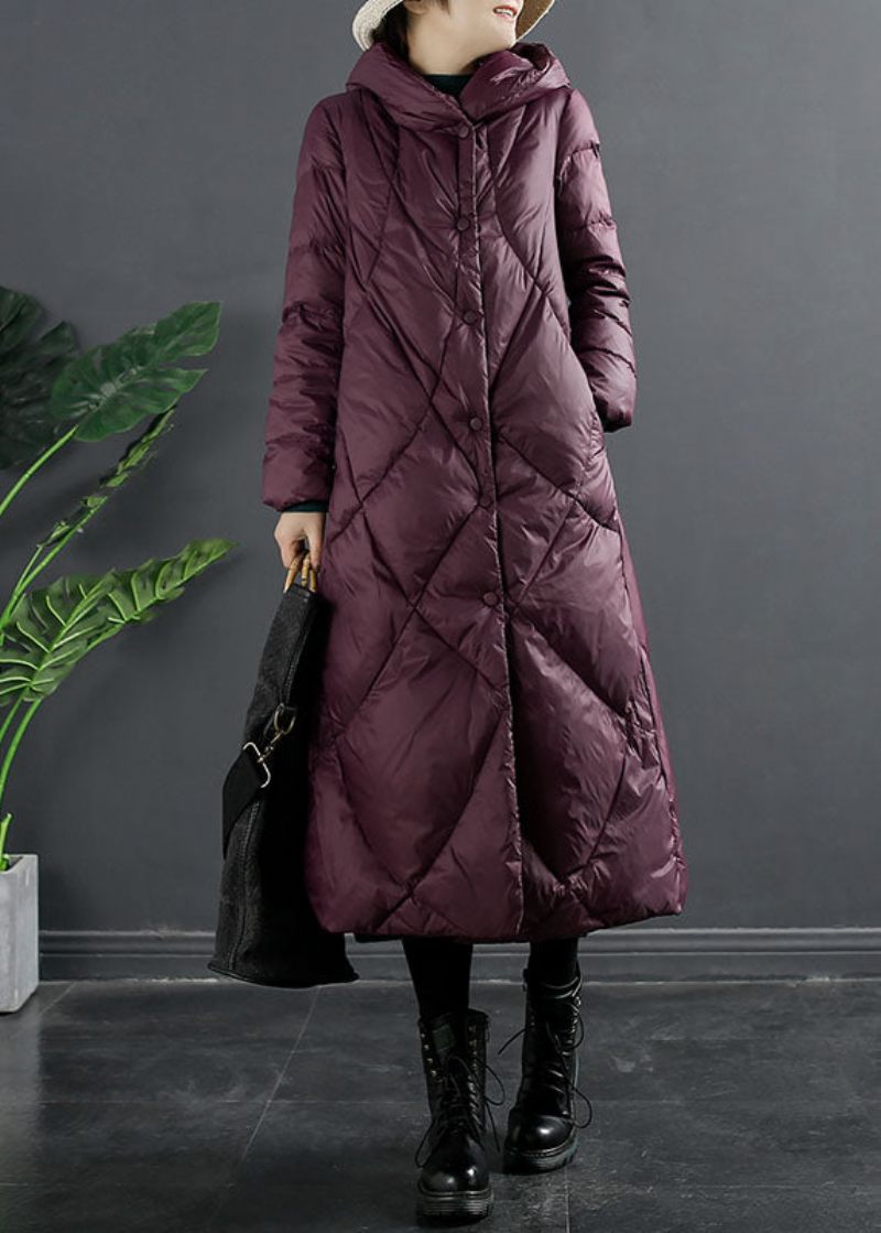 Elegant Blå Plädfickor Button Duck Down Lång Hooded Coat Långärmad - Blå