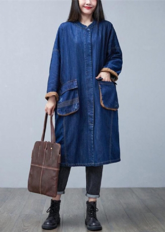 Elegant Blå Stativ Krage Överdimensionerade Fickor Bomull Denim Trench Coat Spring