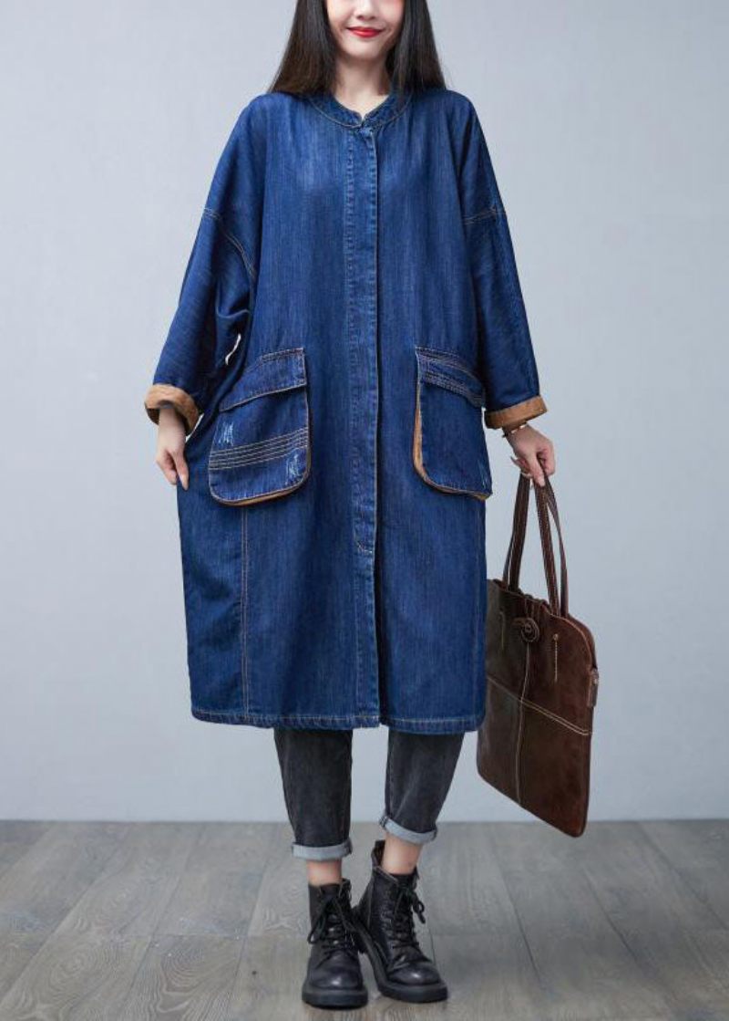 Elegant Blå Stativ Krage Överdimensionerade Fickor Bomull Denim Trench Coat Spring - Trenchcoats för kvinnor