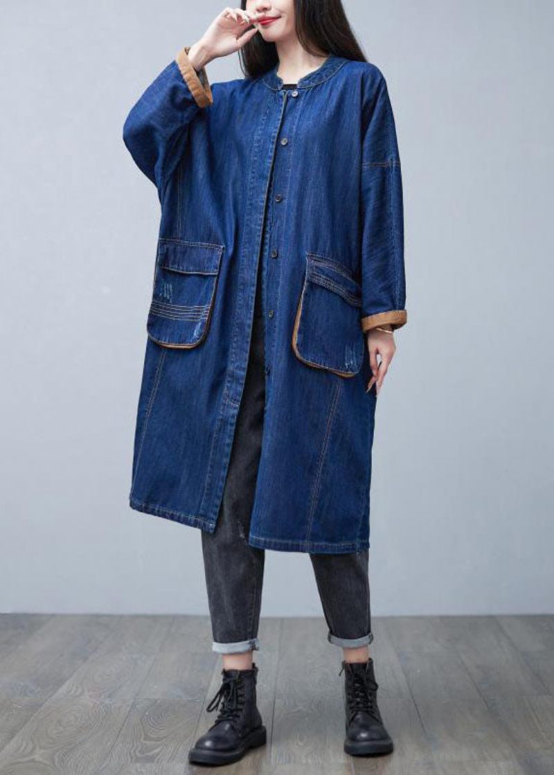 Elegant Blå Stativ Krage Överdimensionerade Fickor Bomull Denim Trench Coat Spring - Trenchcoats för kvinnor