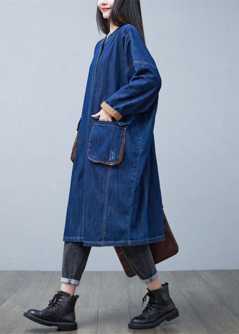 Elegant Blå Stativ Krage Överdimensionerade Fickor Bomull Denim Trench Coat Spring - Trenchcoats för kvinnor