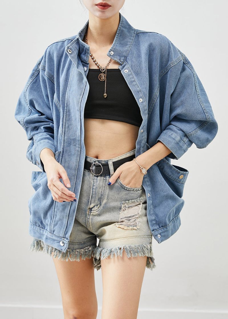 Elegant Blå Stativkrage Oversized Denimrock Höst