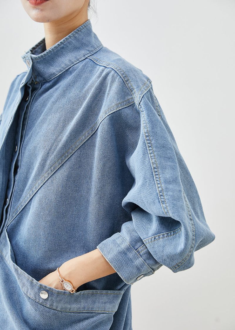 Elegant Blå Stativkrage Oversized Denimrock Höst - Vinterkappor för kvinnor