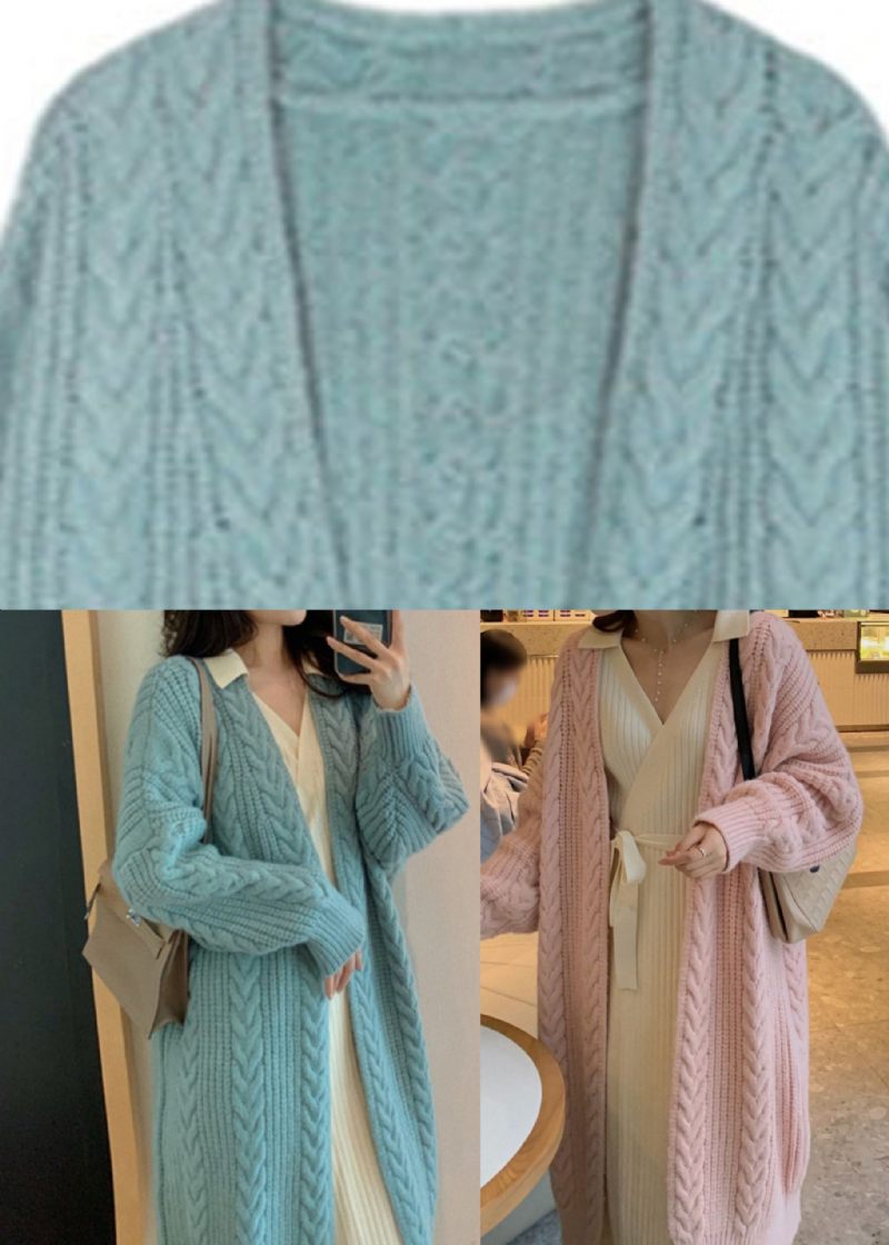 Elegant Blå V-ringad Mysig Lång Stickad Cardigan Vår - Blå