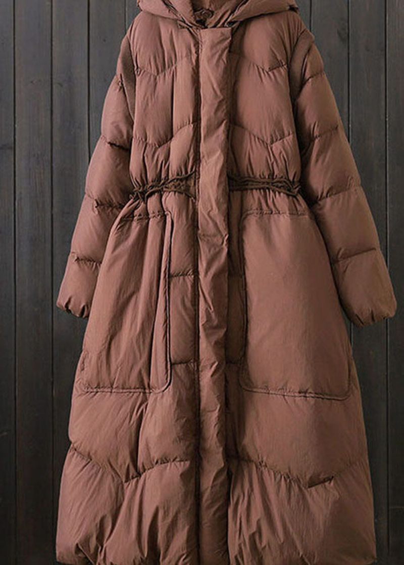 Elegant Brun Huva Patchwork Fickor Duck Down Puffer Winter - Dunjackor för kvinnor