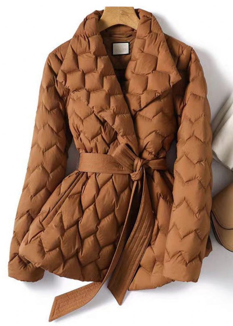 Elegant Caramel Notched Tie Midja Tunn Cotton Coat Vinter