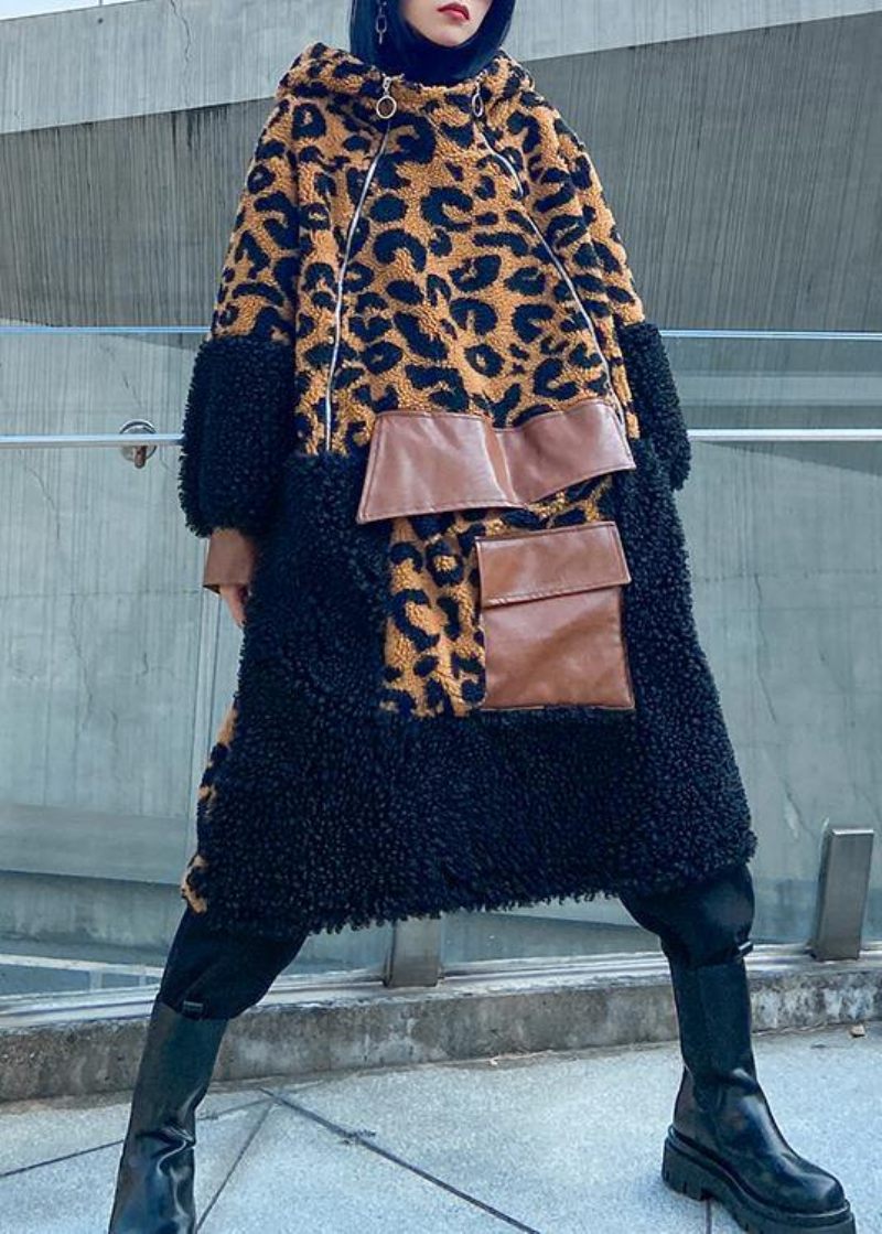 Elegant Choklad Leopard Woolen Coat Dam Vinterkappa Huva Kappa Med Dragkedja