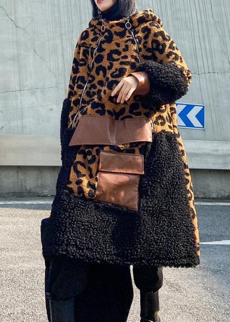 Elegant Choklad Leopard Woolen Coat Dam Vinterkappa Huva Kappa Med Dragkedja - Ullrockar för kvinnor