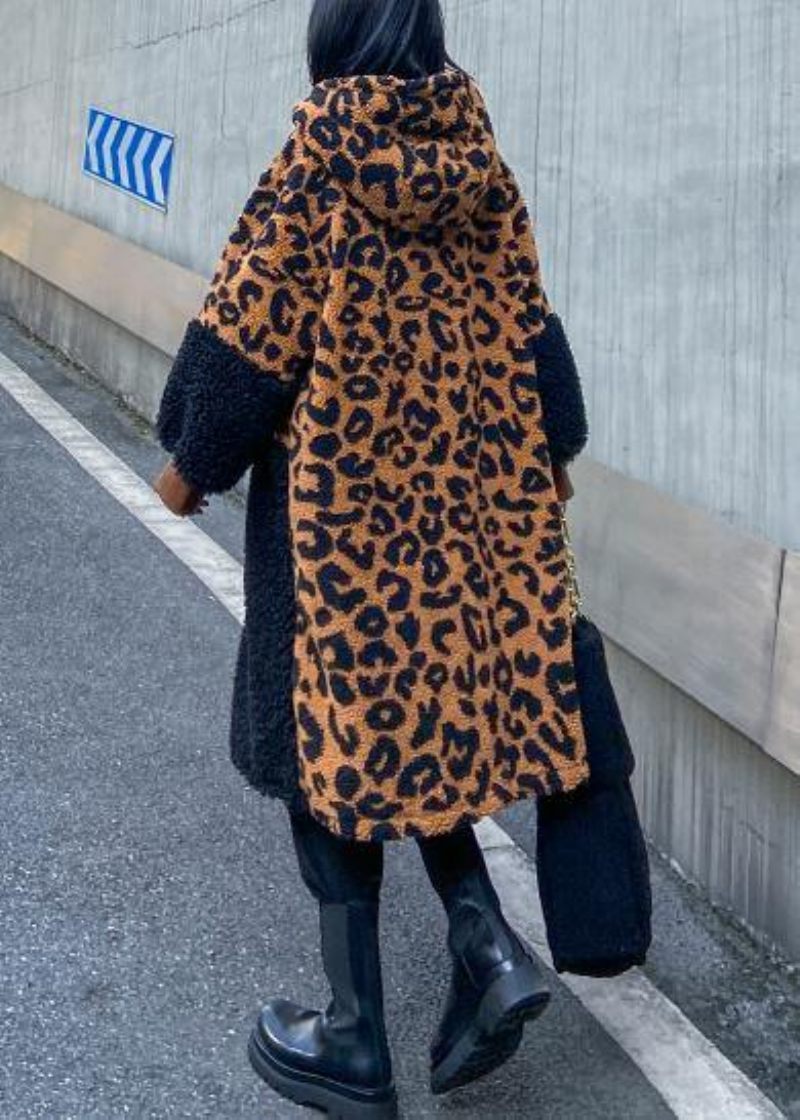 Elegant Choklad Leopard Woolen Coat Dam Vinterkappa Huva Kappa Med Dragkedja - Ullrockar för kvinnor