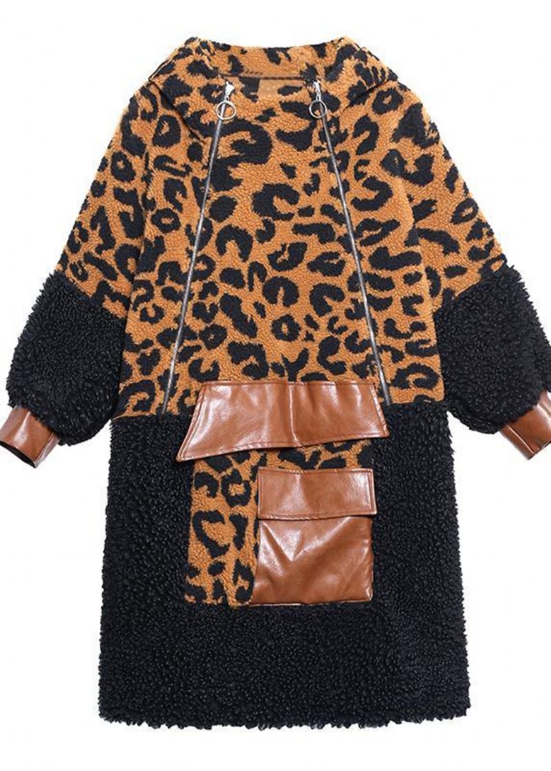 Elegant Choklad Leopard Woolen Coat Dam Vinterkappa Huva Kappa Med Dragkedja - Ullrockar för kvinnor