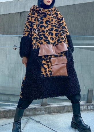 Elegant Choklad Leopard Woolen Coat Dam Vinterkappa Huva Kappa Med Dragkedja