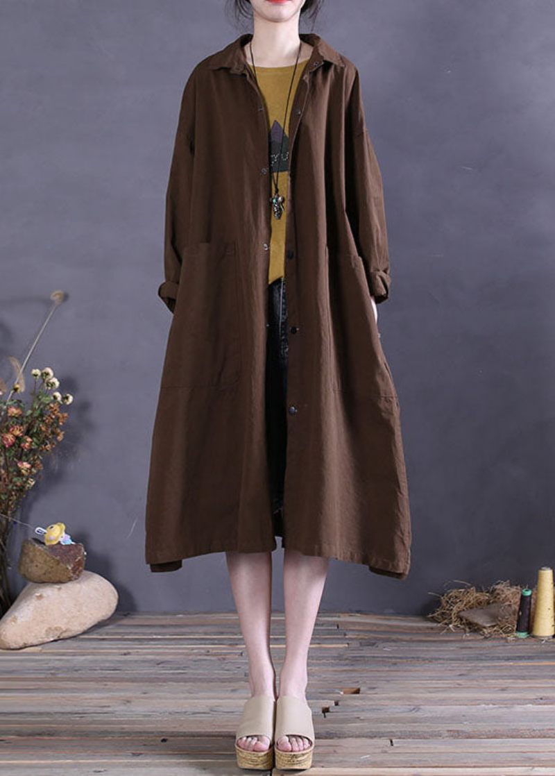 Elegant Chokladknapp Bomull Casual Coat Spring