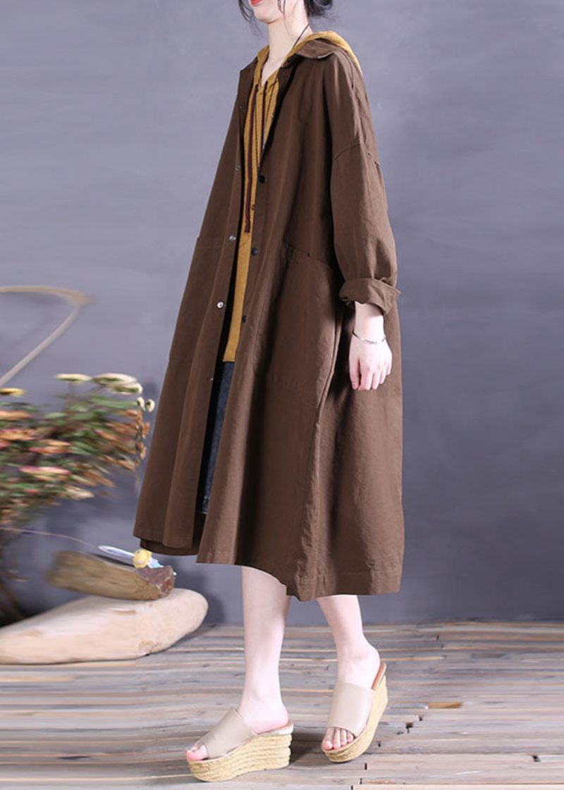 Elegant Chokladknapp Bomull Casual Coat Spring - Trenchcoats för kvinnor