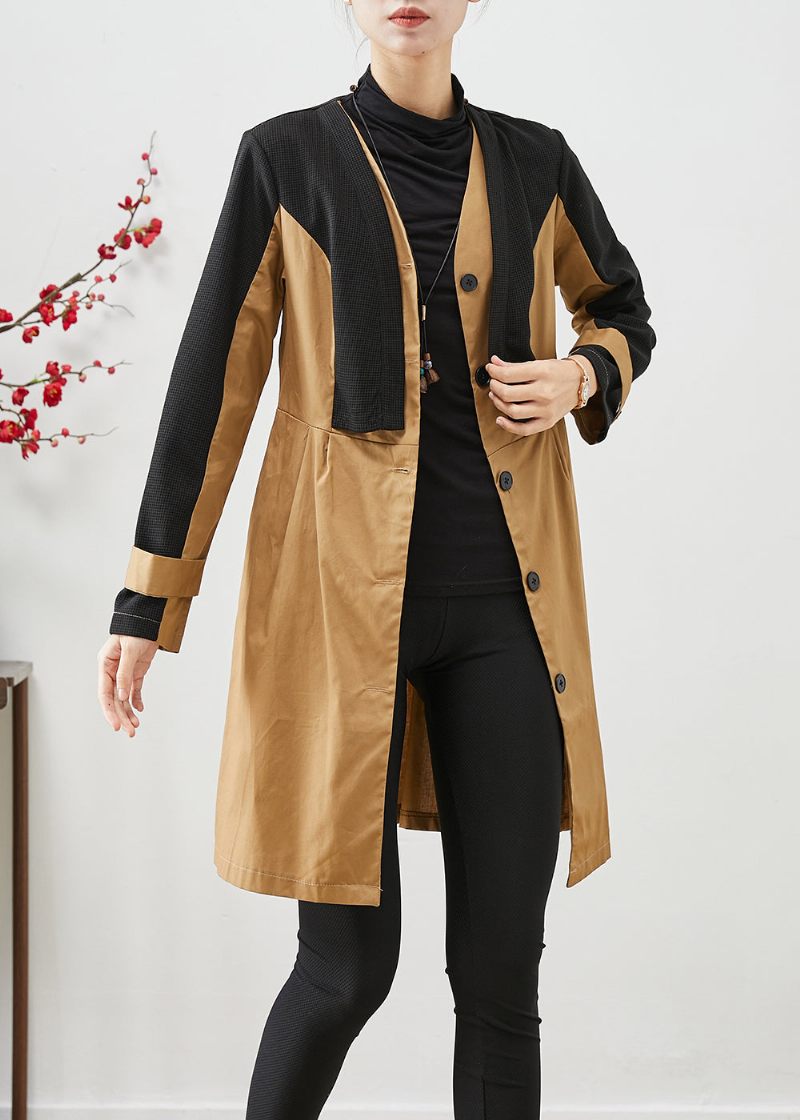 Elegant Colorblock Silm Fit Patchwork Cotton Trench Fall - Trenchcoats för kvinnor