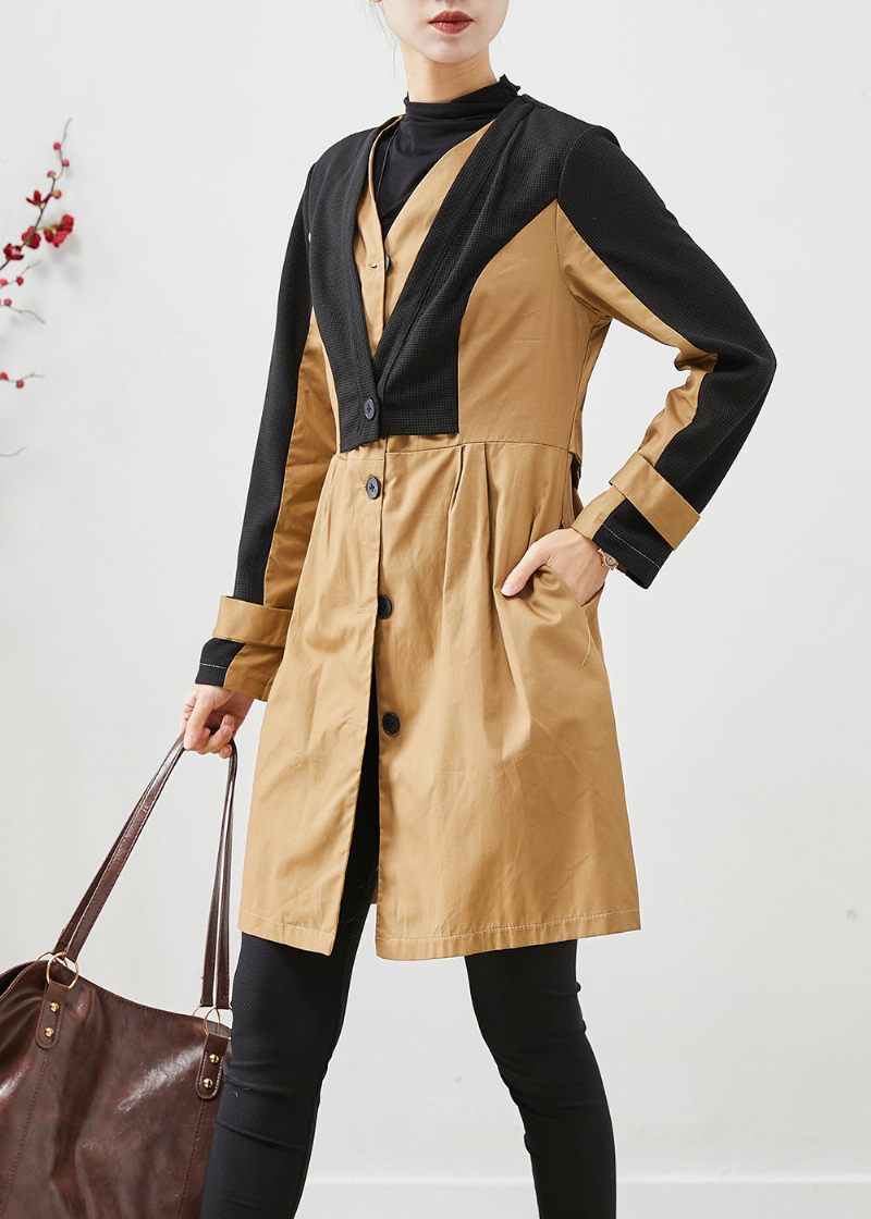 Elegant Colorblock Silm Fit Patchwork Cotton Trench Fall - Trenchcoats för kvinnor