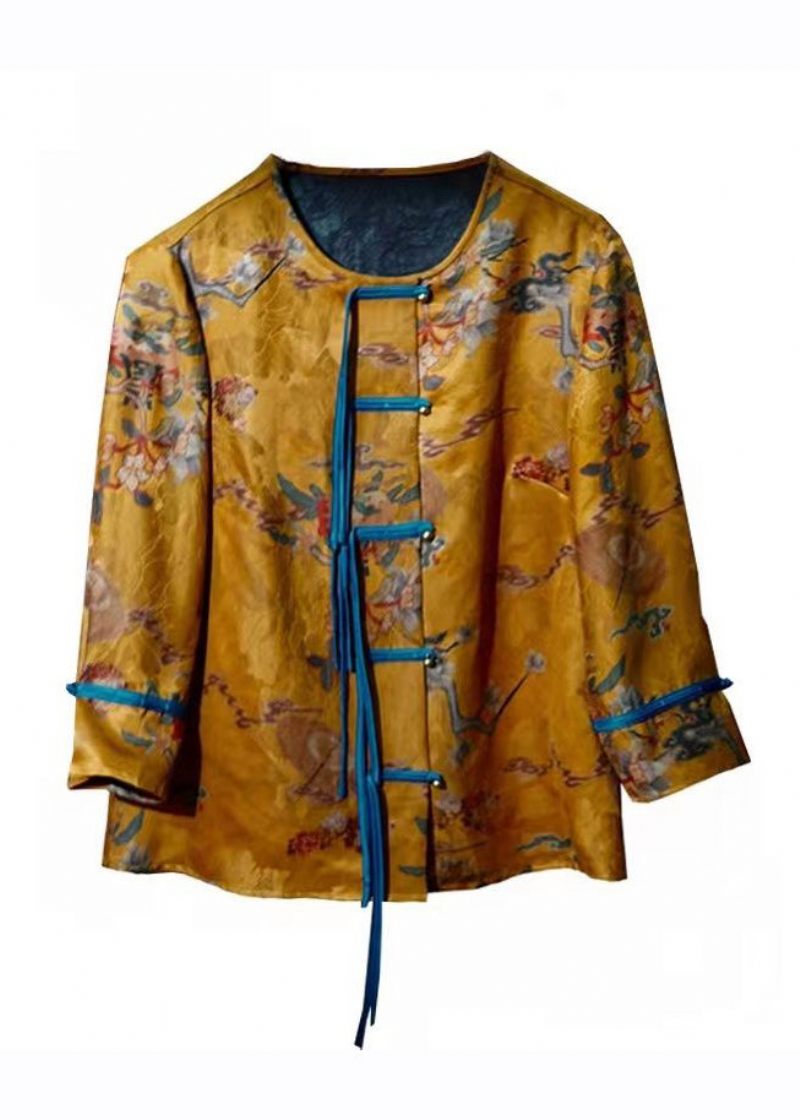 Elegant Gold Print Button Silk Coats Armbandsärm - Vinterkappor för kvinnor