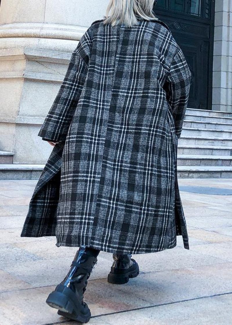 Elegant Grå Rutig Yllekappa Dam Plus Size Långa Kappor Med Skårade Fickor - Trenchcoats för kvinnor