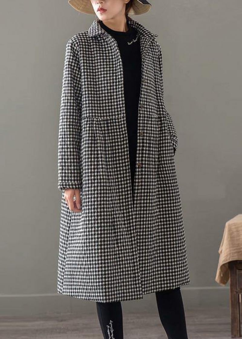 Elegant Iapel Pockets Fina Kläder För Kvinnor Svart Rutig Tunika Coat