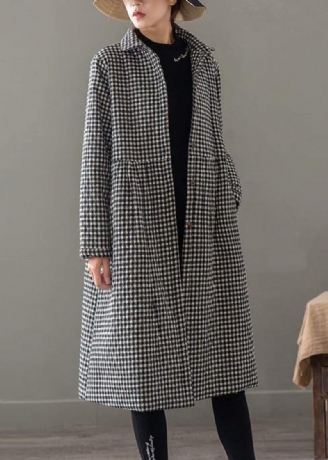 Elegant Iapel Pockets Fina Kläder För Kvinnor Svart Rutig Tunika Coat