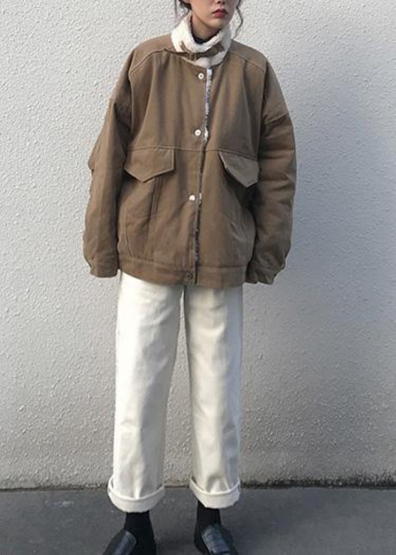 Elegant Khaki Damparkas Löst Sittande Varm Vinterjacka Stativ Krage Ytterkläder Tjock