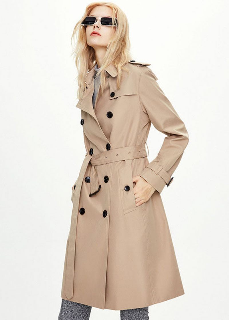 Elegant Khaki Peter Pan Krage Dubbelbröst Bomull Cinch Coat Höst - Trenchcoats för kvinnor