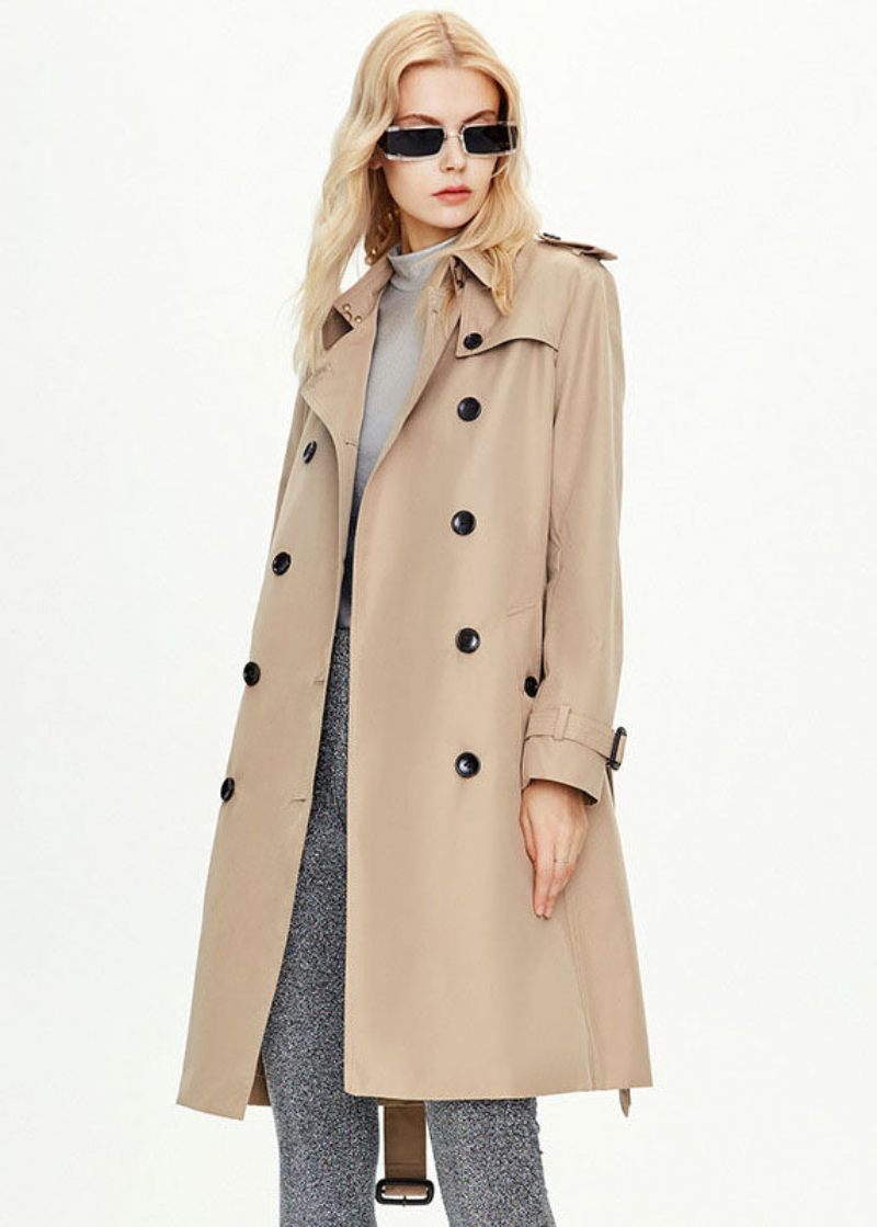 Elegant Khaki Peter Pan Krage Dubbelbröst Bomull Cinch Coat Höst - Trenchcoats för kvinnor