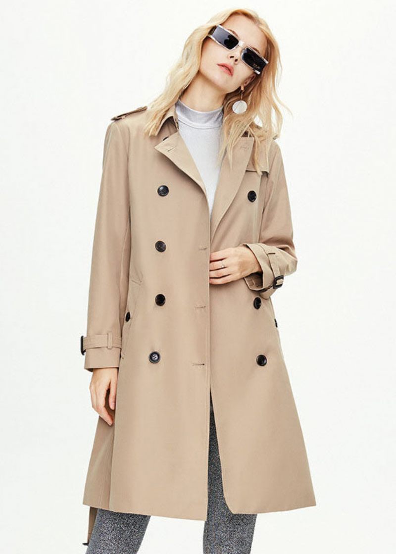 Elegant Khaki Peter Pan Krage Dubbelbröst Bomull Cinch Coat Höst - Trenchcoats för kvinnor