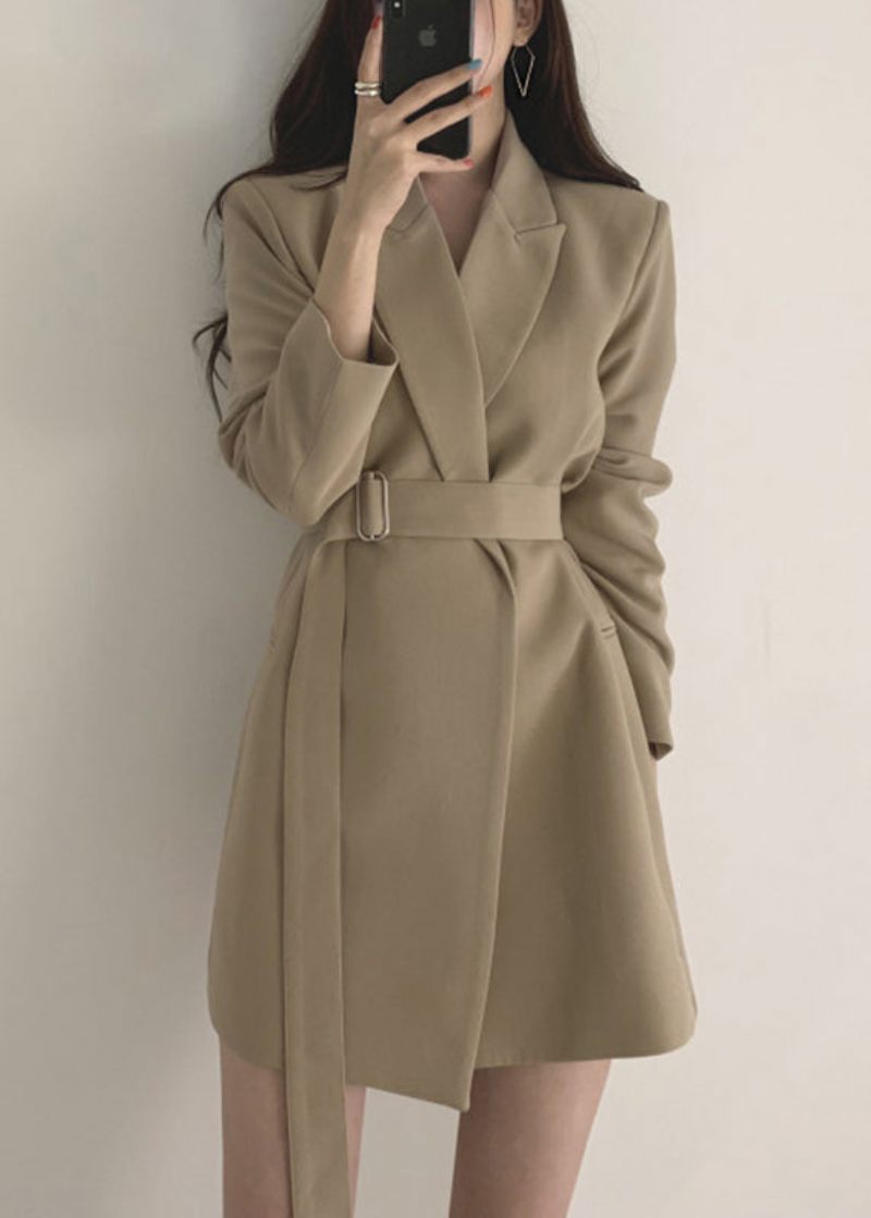 Elegant Khaki Peter Pan Krage Fickor Coat Långärmad