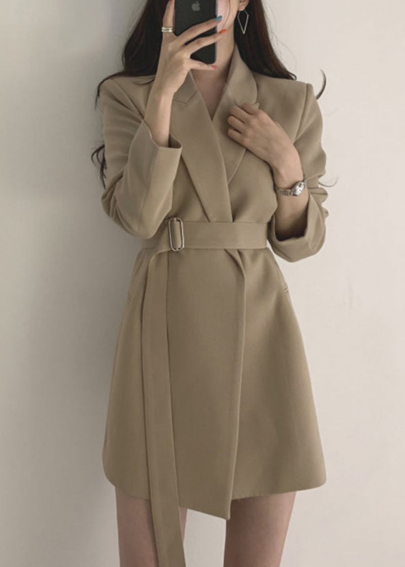 Elegant Khaki Peter Pan Krage Fickor Coat Långärmad - Kaki