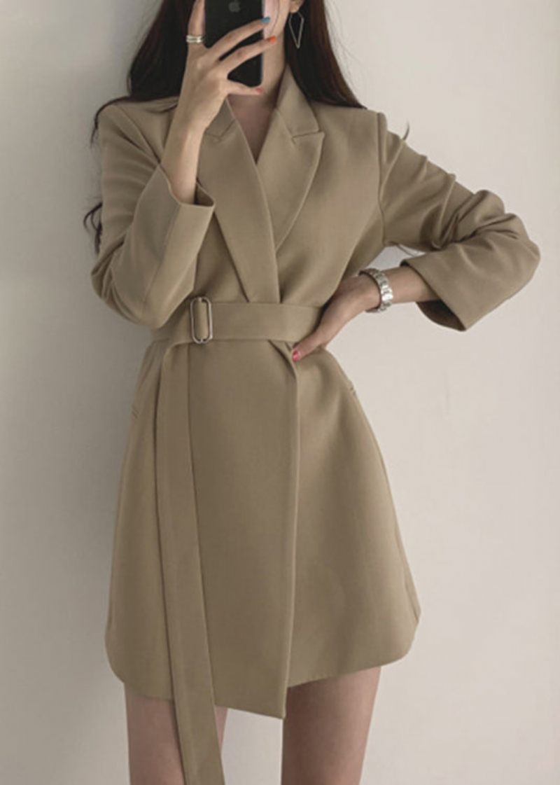 Elegant Khaki Peter Pan Krage Fickor Coat Långärmad - Kaki