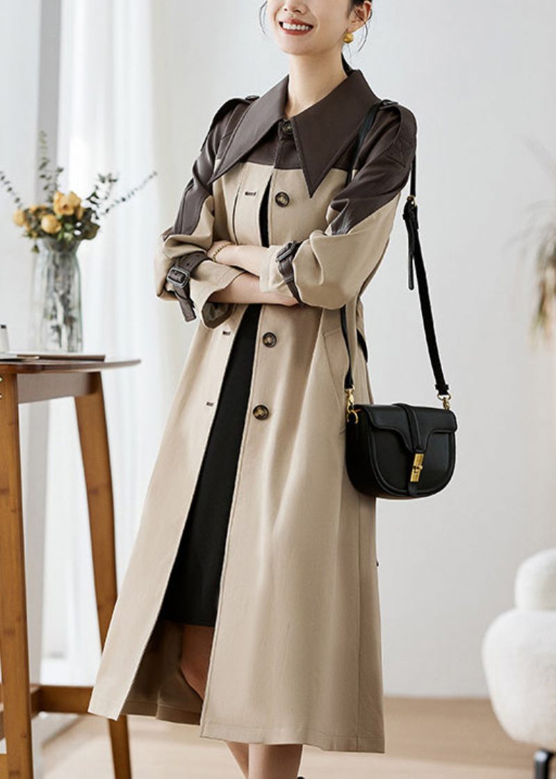 Elegant Khaki Peter Pan Krage Fickor Patchwork Konstläder Trench Fall - Trenchcoats för kvinnor