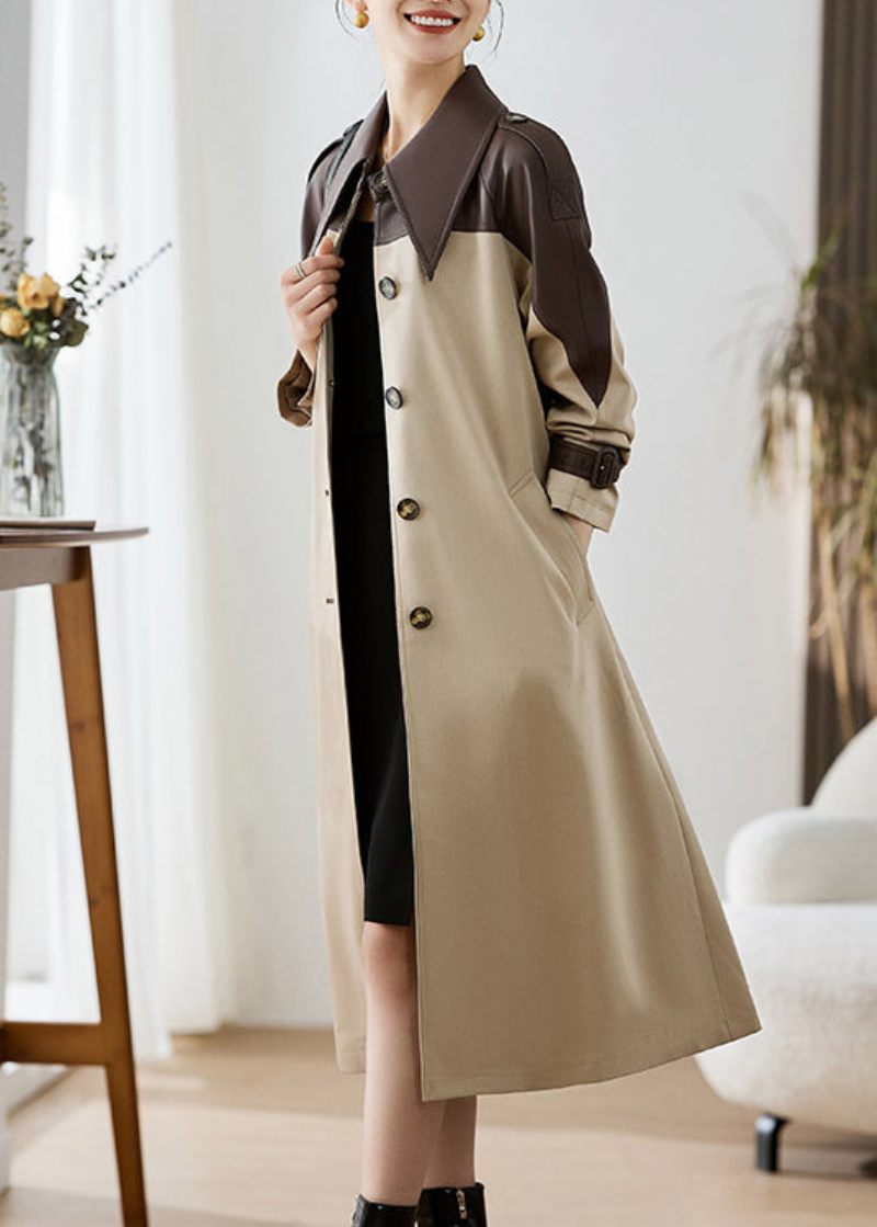 Elegant Khaki Peter Pan Krage Fickor Patchwork Konstläder Trench Fall - Trenchcoats för kvinnor