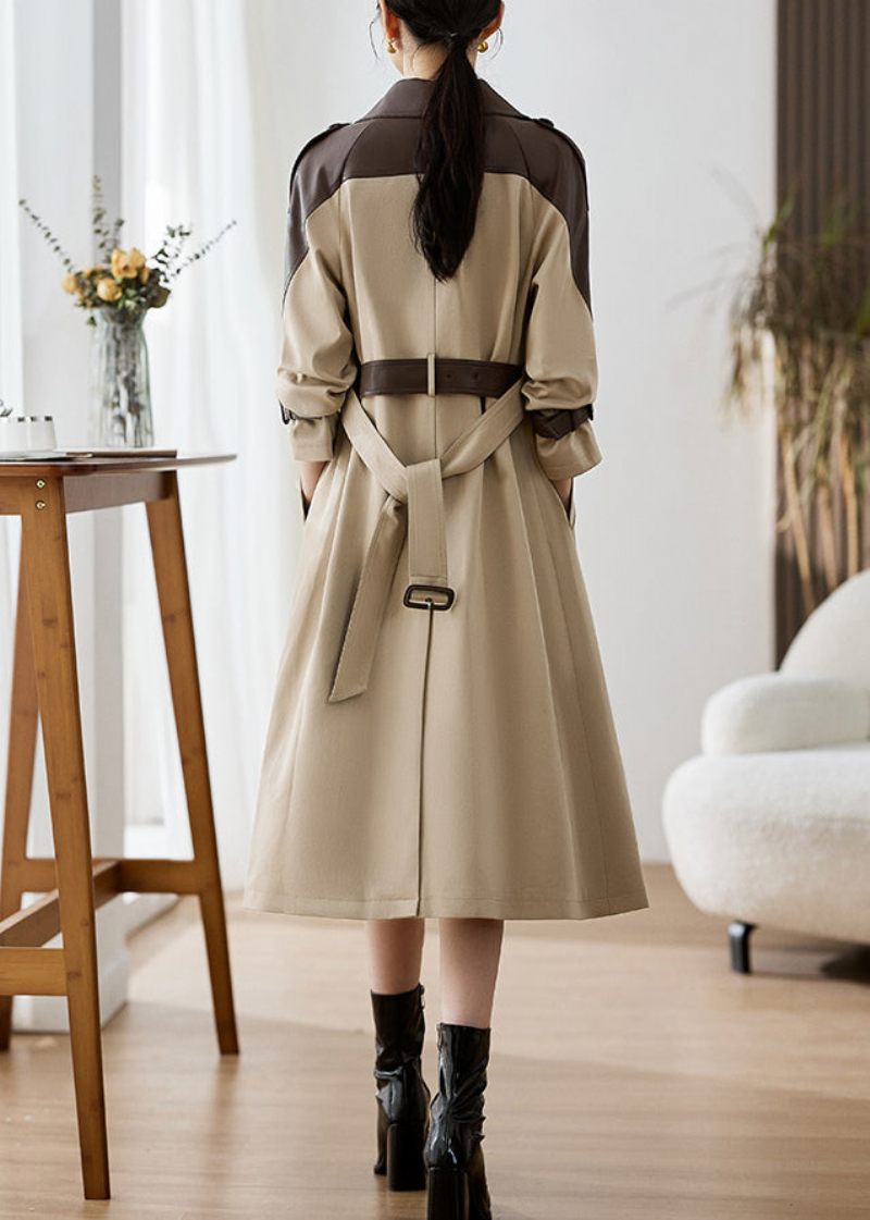 Elegant Khaki Peter Pan Krage Fickor Patchwork Konstläder Trench Fall - Trenchcoats för kvinnor