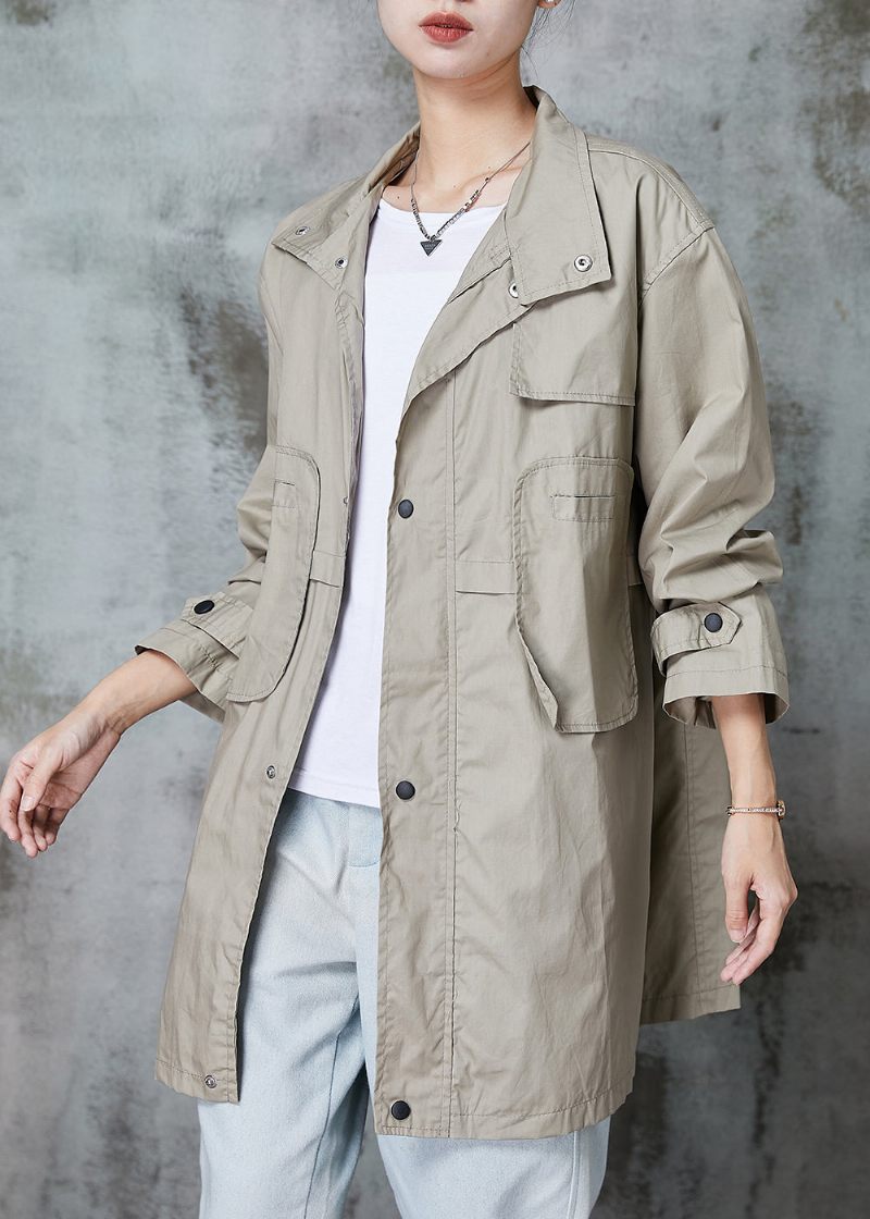 Elegant Khaki Peter Pan Krage Patchwork Fickor Bomull Trench Spring - Trenchcoats för kvinnor