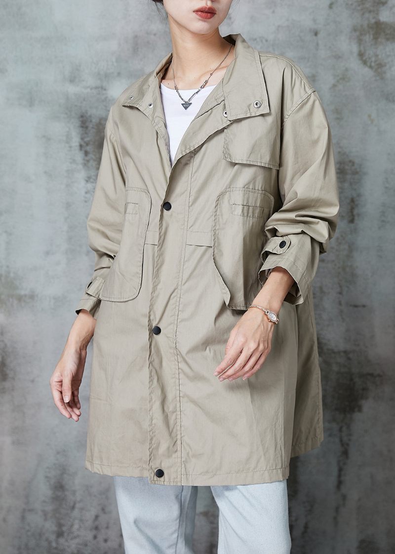 Elegant Khaki Peter Pan Krage Patchwork Fickor Bomull Trench Spring - Trenchcoats för kvinnor