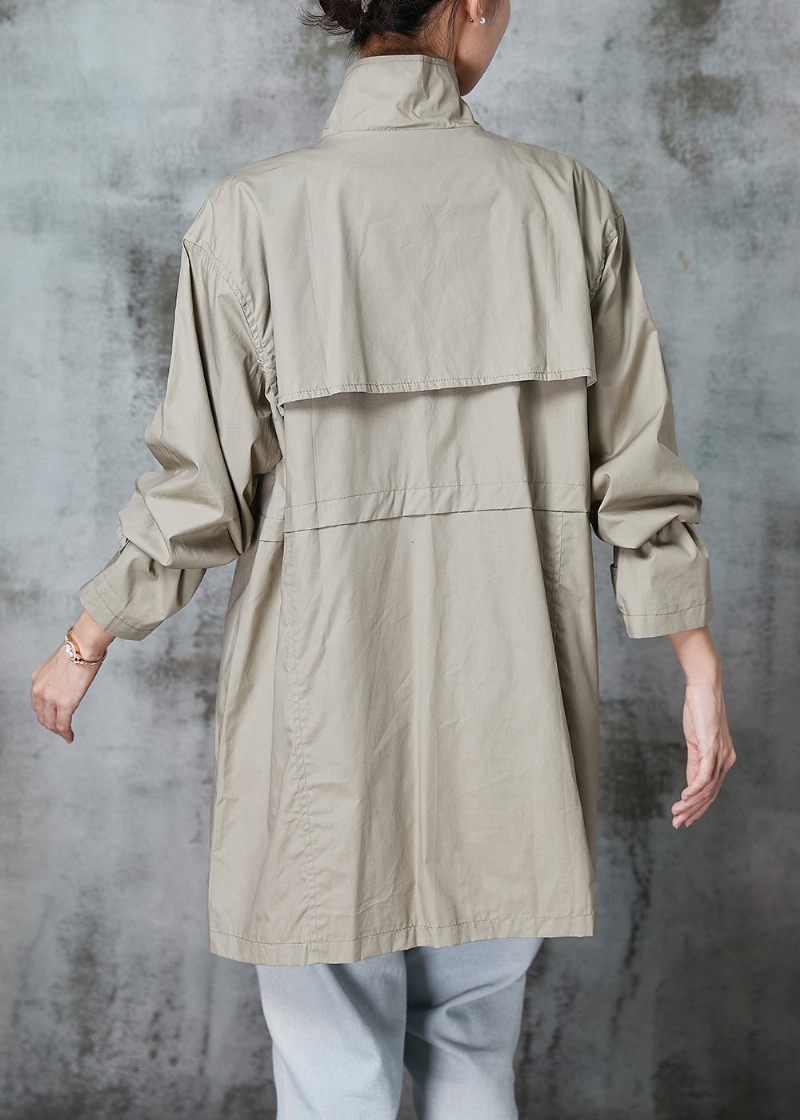 Elegant Khaki Peter Pan Krage Patchwork Fickor Bomull Trench Spring - Trenchcoats för kvinnor