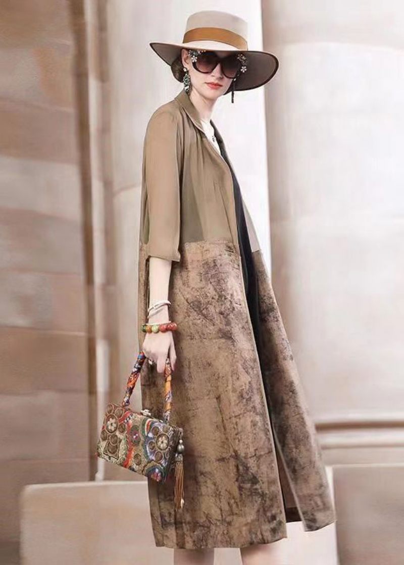 Elegant Khaki Peter Pan Krage Print Patchwork Bomull Trench Fall - Trenchcoats för kvinnor