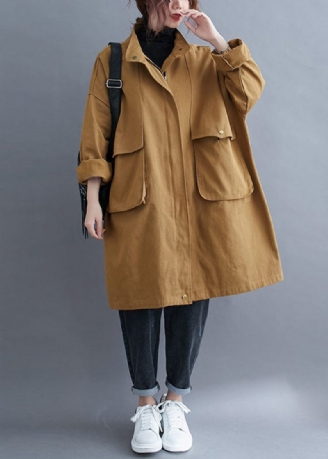 Elegant Khaki Zip Up Pockets Cotton Spring Coat