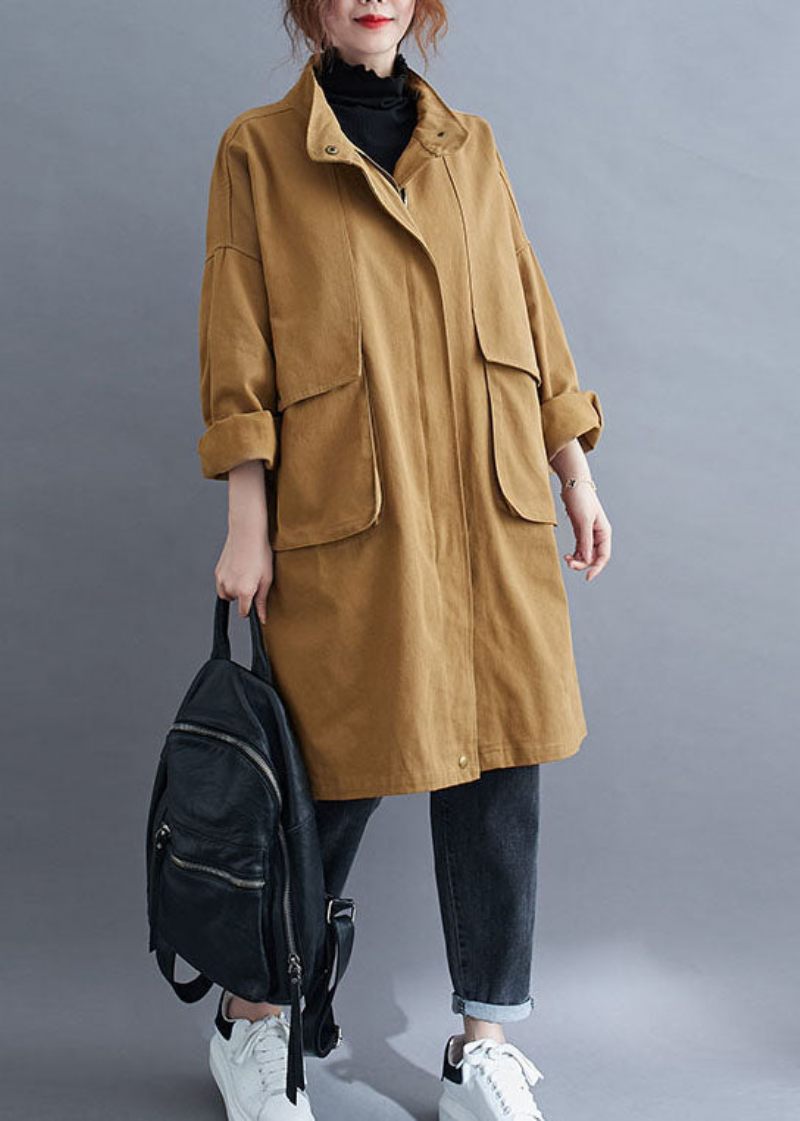 Elegant Khaki Zip Up Pockets Cotton Spring Coat - Vinterkappor för kvinnor