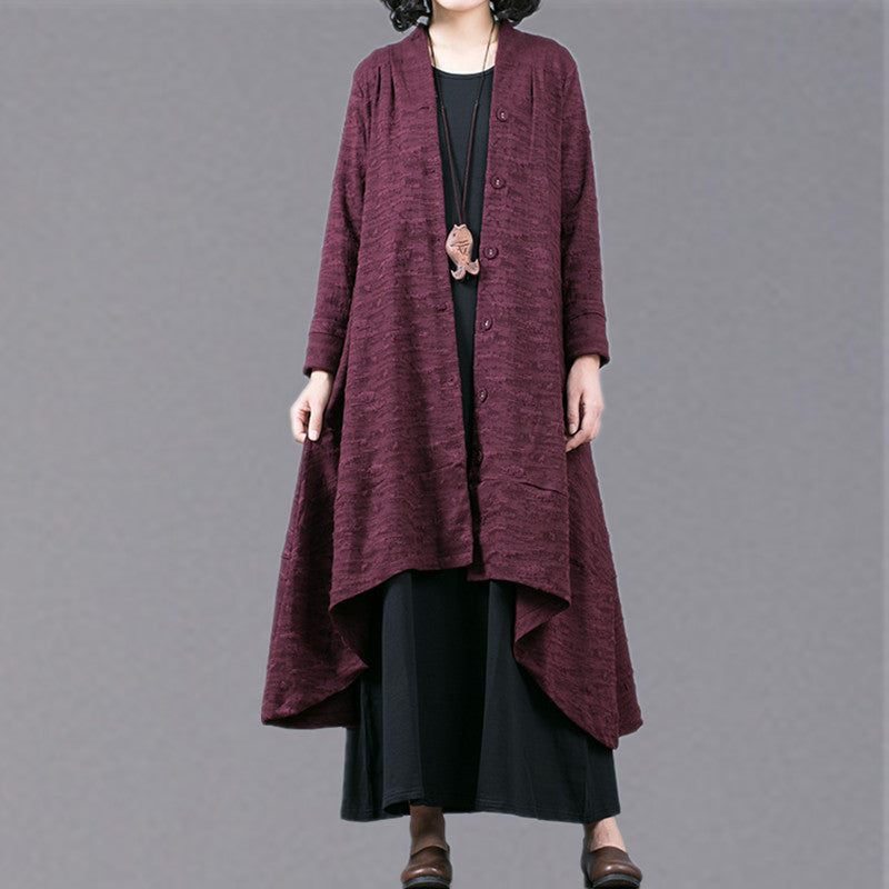 Elegant Lila Jacquard Maxirock Trendig Plus Size Baggy Stor Fåll Asymmetrisk Design Trenchcoat Fin Patchwork Kappa